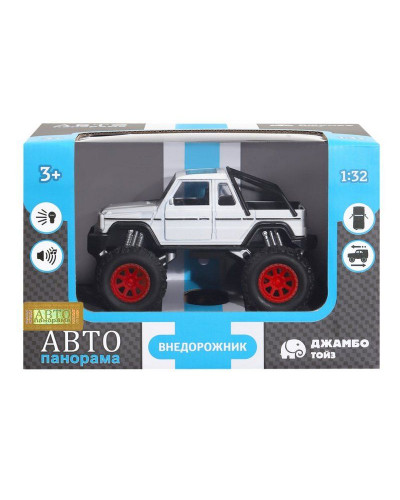 Машина "АВТОПАНОРАМА" "Внедорожник-пикап", белый, 1/32, свет, звук, инерция, в/к 19*10*12,5 см