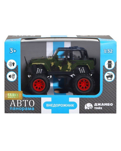 Машина "АВТОПАНОРАМА" "Внедорожник", хаки, 1/32, свет, звук, инерция, в/к 19*10*12,5 см