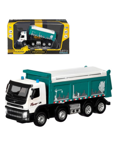 Машина "АВТОПАНОРАМА" Volvo самосвал, зеленый, 1/50, свет, звук, в/к 28*14*10 см