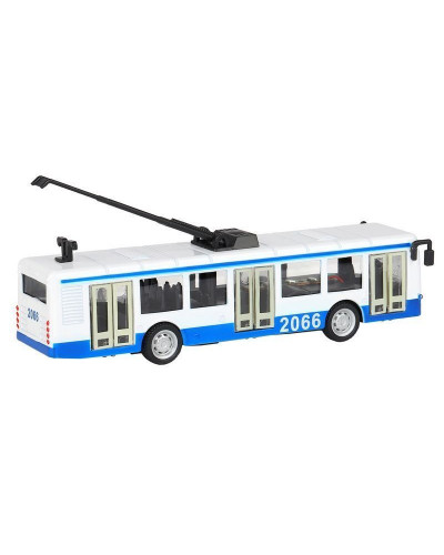 Троллейбус "Автопанорама", синий, 1/90, свет, звук, инерция, в/к 22*13,5*5,8 см