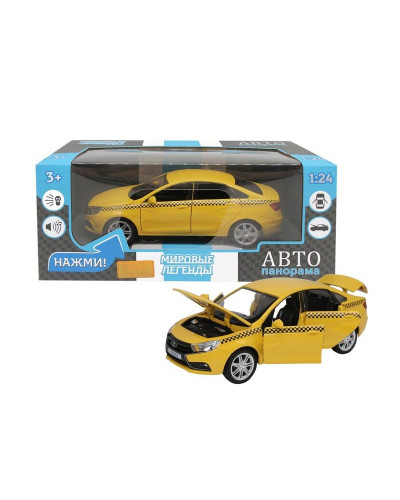 Машина "АВТОПАНОРАМА" LADA VESTA "ТАКСИ" желтый, 1/24, свет, звук, инерция, в/к 24,5*12,5*10,5 см