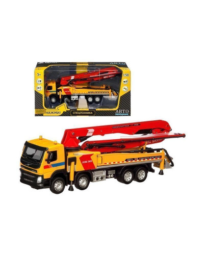Машина "АВТОПАНОРАМА" Volvo бетононасос, желтый, 1/50, свет, звук, в/к 28*14*10 см