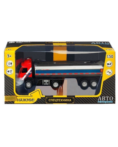 Машина "АВТОПАНОРАМА" Volvo бензовоз, красный, 1/50, свет, звук, в/к 28*14*10 см