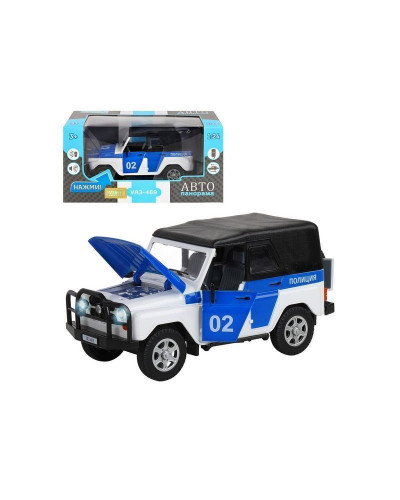 Машина "АВТОПАНОРАМА" УАЗ-469 "Полиция", белый, 1/24, свет, звук, инерция, тент, в/к 22*12*11 см