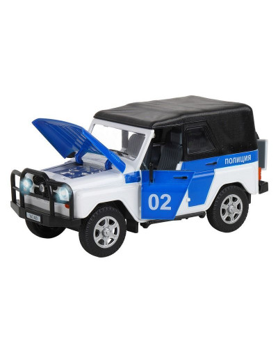 Машина "АВТОПАНОРАМА" УАЗ-469 "Полиция", белый, 1/24, свет, звук, инерция, тент, в/к 22*12*11 см