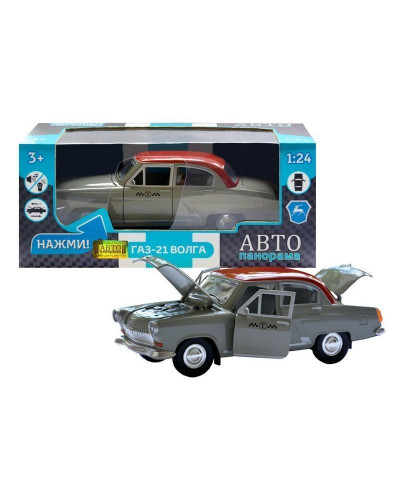Машина "АВТОПАНОРАМА" Волга ГАЗ-21 "Такси",  серый, 1/24 свет. звук. эффекты, в/к 26*12*11