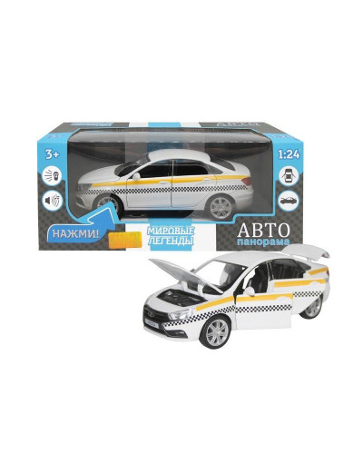 Машина "АВТОПАНОРАМА" LADA VESTA "ТАКСИ" белый, 1/24, свет, звук, инерция, в/к 24,5*12,5*10,5 см