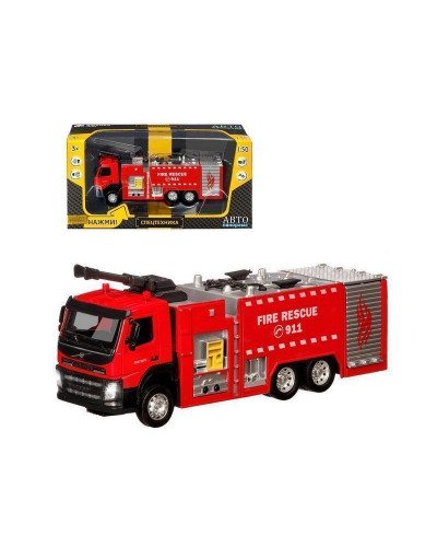 Машина "АВТОПАНОРАМА" Volvo пожарная машина, красный, 1/50, свет, звук, в/к 28*14*10 см