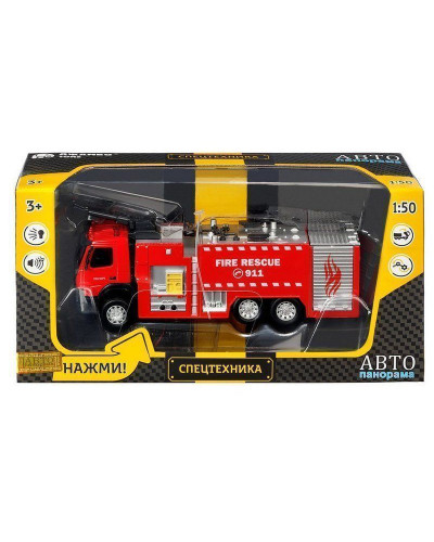 Машина "АВТОПАНОРАМА" Volvo пожарная машина, красный, 1/50, свет, звук, в/к 28*14*10 см