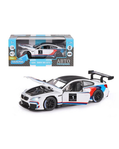 Машина "АВТОПАНОРАМА" BMW M6 GT3, белый, 1/24, свет, звук, в/к 24,5*12,5*10,5 см