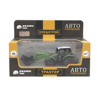 Машина "АВТОПАНОРАМА" ТРАКТОР фронтальный погрузчик, цвет зеленый, инерция, в/к 20,5*7,5*9 см