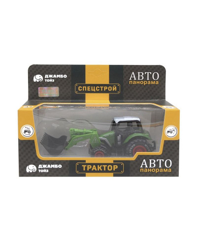 Машина "АВТОПАНОРАМА" ТРАКТОР фронтальный погрузчик, цвет зеленый, инерция, в/к 20,5*7,5*9 см