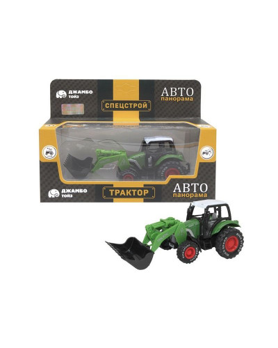 Машина "АВТОПАНОРАМА" ТРАКТОР фронтальный погрузчик, цвет зеленый, инерция, в/к 20,5*7,5*9 см