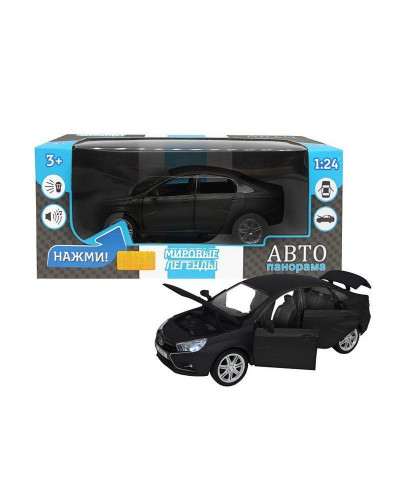 Машина "АВТОПАНОРАМА" LADA VESTA седан, 1/24,  черный металлик, свет, звук, в/к 24,5*12,5*10,5 см