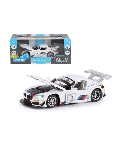 Машина "АВТОПАНОРАМА" BMW Z4 GT3, белый, 1/24, свет, звук, в/к 24,5*12,5*10,5 см