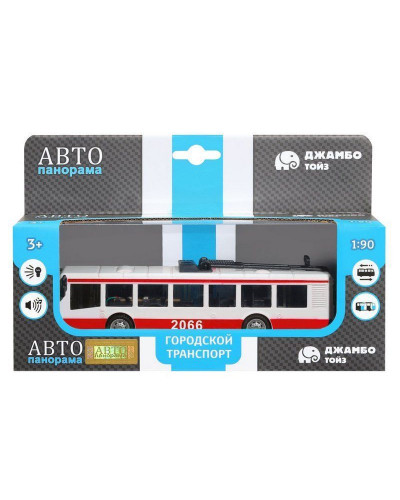 Троллейбус "Автопанорама", красный, 1/90, свет, звук, инерция, в/к 22*13,5*5,8 см