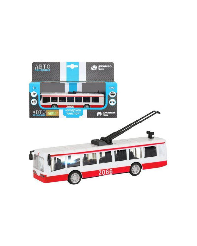Троллейбус "Автопанорама", красный, 1/90, свет, звук, инерция, в/к 22*13,5*5,8 см