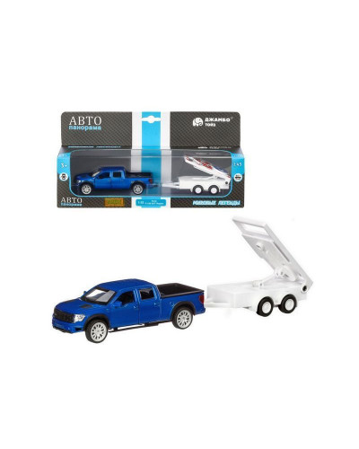 Машина "АВТОПАНОРАМА" Ford F-150 c прицепом с дорожными знаками, 1/43, инерция, в/к