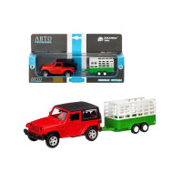 Машина "АВТОПАНОРАМА" Jeep Wrangler c прицепом для перевозки животных, 1/43, инерция, в/к