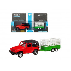 Машина "АВТОПАНОРАМА" Jeep Wrangler c прицепом для перевозки животных, 1/43, инерция, в/к
