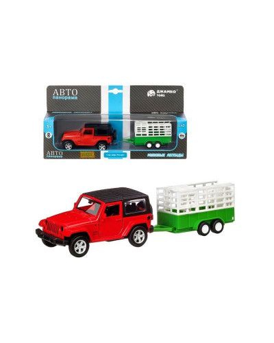 Машина "АВТОПАНОРАМА" Jeep Wrangler c прицепом для перевозки животных, 1/43, инерция, в/к