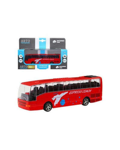 Автобус "Автопанорама", красный, 1/90, свет, звук, инерция, в/к 22*13,5*5,8 см