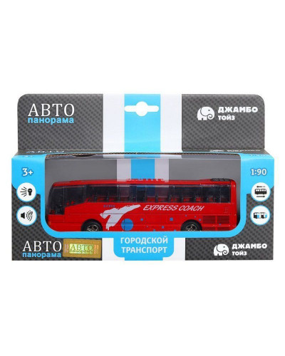 Автобус "Автопанорама", красный, 1/90, свет, звук, инерция, в/к 22*13,5*5,8 см