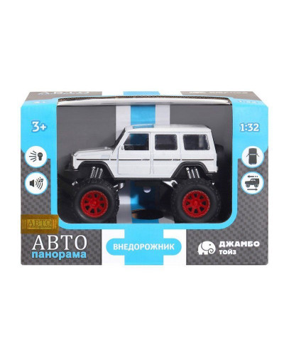 Машина "АВТОПАНОРАМА" "Внедорожник", белый, 1/32, свет, звук, инерция, в/к 19*10*12,5 см