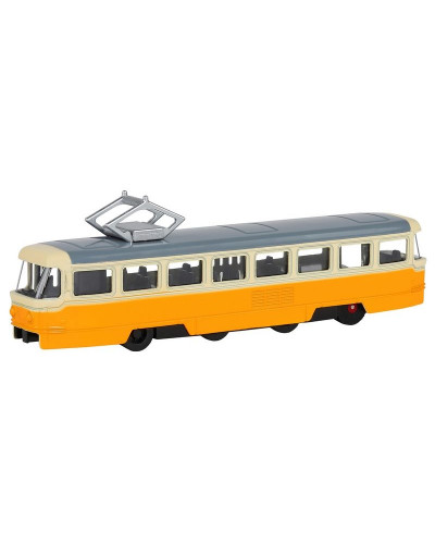 Трамвай "Автопанорама", желтый, 1/90, свет, звук, инерция, в/к 22*13,5*5,8 см