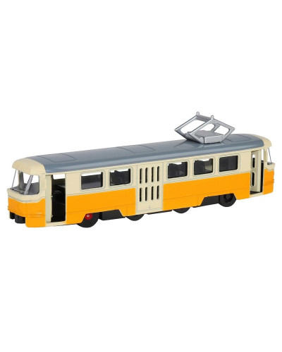 Трамвай "Автопанорама", желтый, 1/90, свет, звук, инерция, в/к 22*13,5*5,8 см