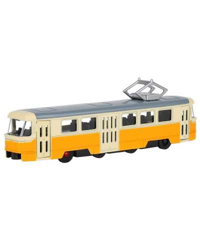 Трамвай "Автопанорама", желтый, 1/90, свет, звук, инерция, в/к 22*13,5*5,8 см