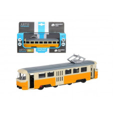 Трамвай "Автопанорама", желтый, 1/90, свет, звук, инерция, в/к 22*13,5*5,8 см