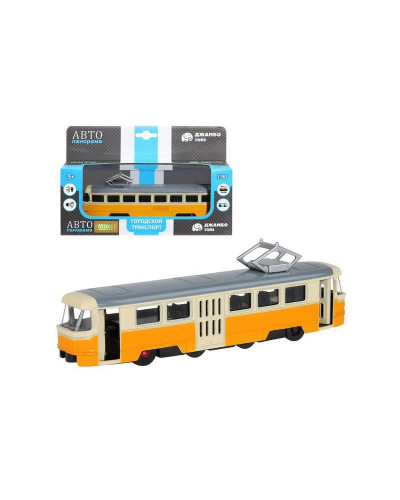 Трамвай "Автопанорама", желтый, 1/90, свет, звук, инерция, в/к 22*13,5*5,8 см