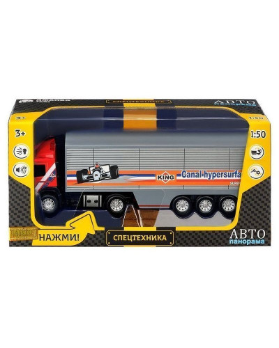 Машина "АВТОПАНОРАМА" Volvo, красный, 1/50, свет, звук, в/к 28*14*10 см