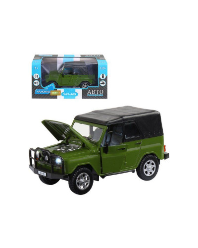 Машина "АВТОПАНОРАМА" УАЗ-469, хаки, 1/24, свет, звук, инерция, тент, в/к 22*12*11
