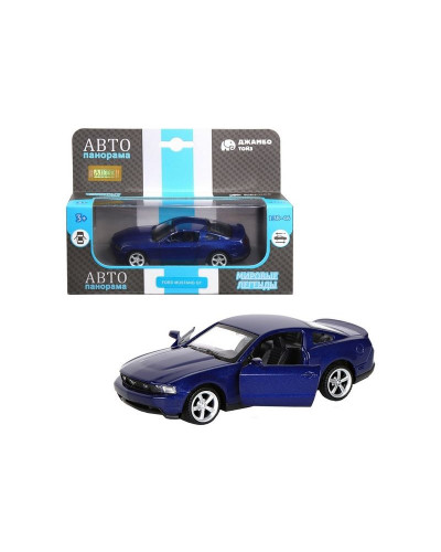 Машина "АВТОПАНОРАМА" Ford Mustang GT, синий, 1/43, инерция, откр. двери, в/к 17,5*12,5*6,5 см