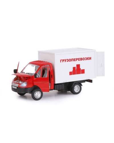 Машина "АВТОПАНОРАМА" ГАЗель-бизнес "Грузоперевозки", красный, 1/28, свет, звук, в/к 24*14*12