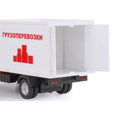 Машина "АВТОПАНОРАМА" ГАЗель-бизнес "Грузоперевозки", красный, 1/28, свет, звук, в/к 24*14*12