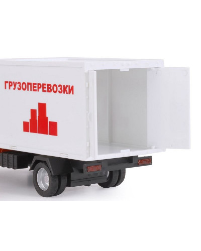 Машина "АВТОПАНОРАМА" ГАЗель-бизнес "Грузоперевозки", красный, 1/28, свет, звук, в/к 24*14*12