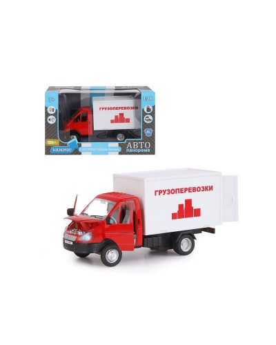Машина "АВТОПАНОРАМА" ГАЗель-бизнес "Грузоперевозки", красный, 1/28, свет, звук, в/к 24*14*12