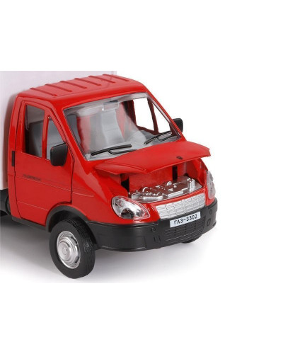 Машина "АВТОПАНОРАМА" ГАЗель-бизнес "Грузоперевозки", красный, 1/28, свет, звук, в/к 24*14*12