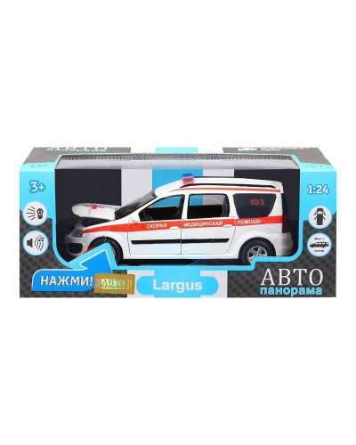 Машина "АВТОПАНОРАМА" LADA LARGUS "Скорая помощь", 1/24, свет, звук, инерция, в/к 24,5*12,5*10,5 см