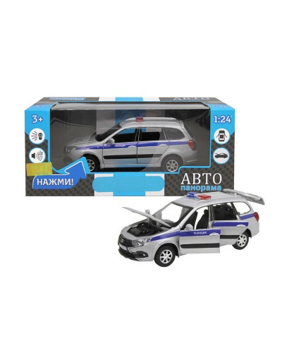 Машина "АВТОПАНОРАМА" LADA GRANTA CROSS "Полиция", серебро, 1/24, свет, звук, в/к 24,5*12,5*10,5 см