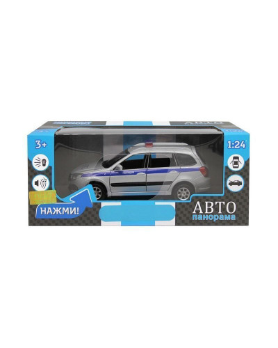 Машина "АВТОПАНОРАМА" LADA GRANTA CROSS "Полиция", серебро, 1/24, свет, звук, в/к 24,5*12,5*10,5 см