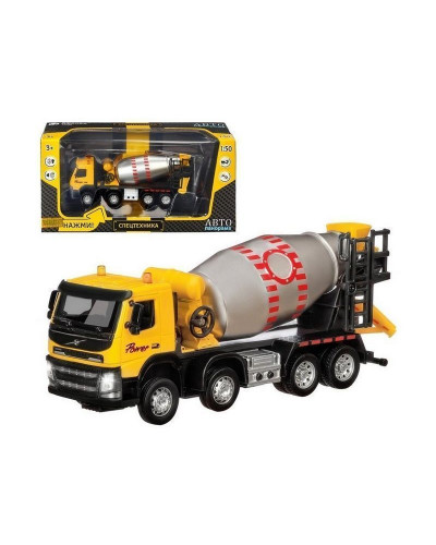 Машина "АВТОПАНОРАМА" Volvo бетономешалка, желтый, 1/50, свет, звук, в/к 28*14*10 см