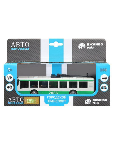 Троллейбус "Автопанорама", зеленый, 1/90, свет, звук, инерция, в/к 22*13,5*5,8 см