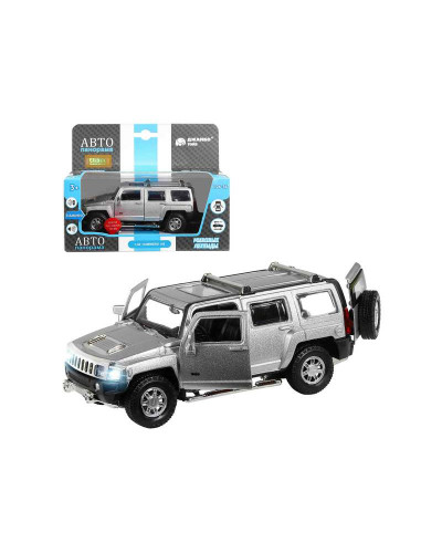 Машина "АВТОПАНОРАМА" Hummer H3, серебряный, 1/32, свет, звук, инерция, в/к 17,5*13,5*9 см
