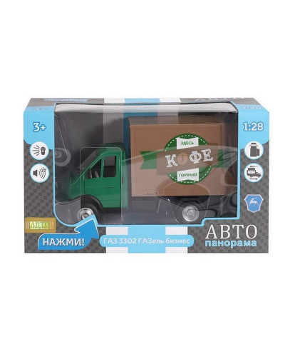 Машина "АВТОПАНОРАМА" ГАЗель-бизнес "Кофе", зеленый, 1/28, свет, звук, в/к 24*14*12