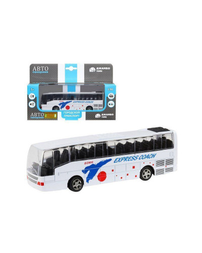 Автобус "Автопанорама", белый, 1/90, свет, звук, инерция, в/к 22*13,5*5,8 см