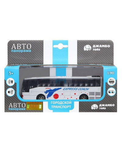 Автобус "Автопанорама", белый, 1/90, свет, звук, инерция, в/к 22*13,5*5,8 см